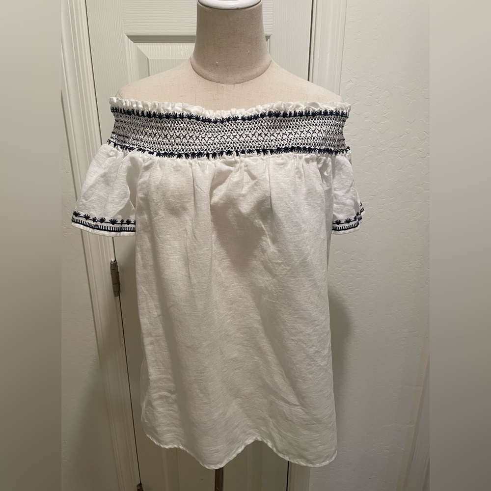 White Off-Shoulder Top with Navy  Blue Embroidery